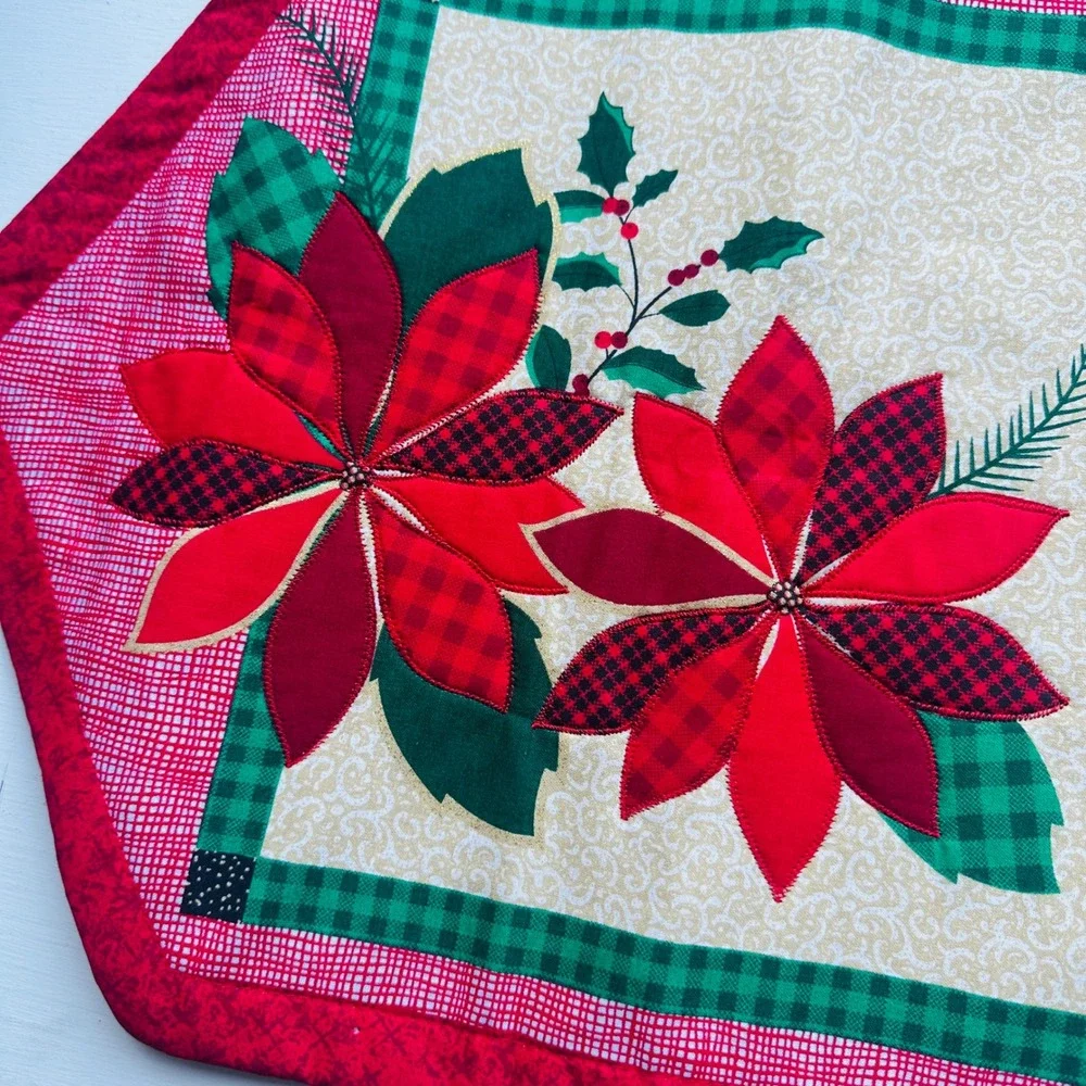 Essential Home Christmas Table Runner Red Poinsettia Quilted Plaid Holly Holiday
